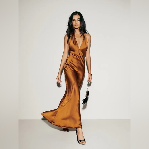 NWT NEW Reformation Daniela Silk Maxi Deep V Dress - Copper Burnt Orange Brown - Picture 3 of 16